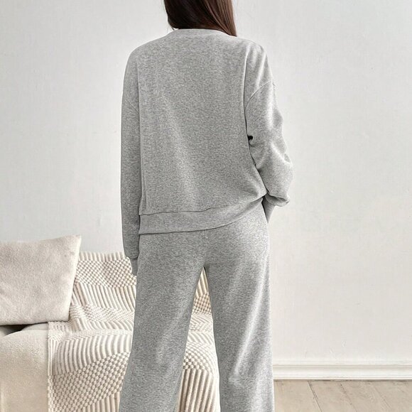 Grey Casual Women's Set Outfit V-Neck Buttoned Top With Pockets - Picture 2 of 6